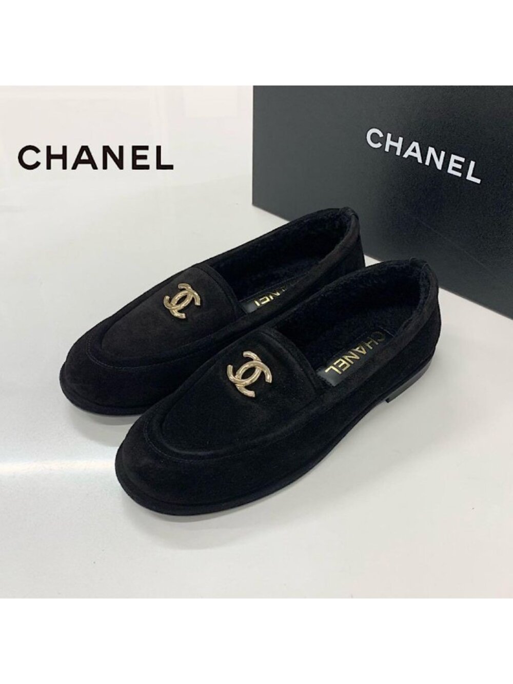 Chanel CC Logo Suede Shearling Flat Shoes Black